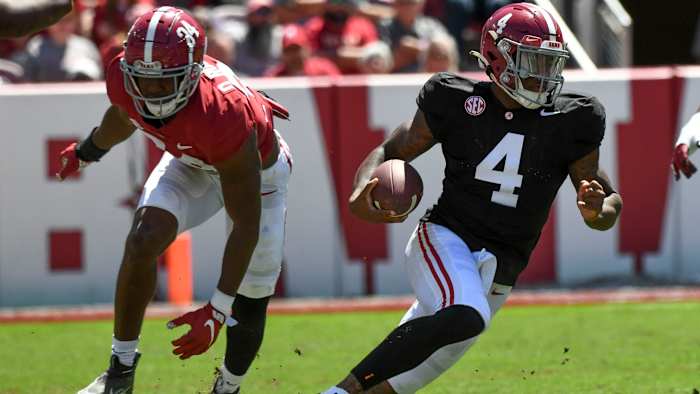 Jalen Milroe during the A-Day game at Bryant-Denny Stadium.